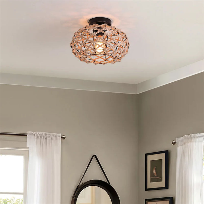 Afralia™ Hemp Rope Cage Ceiling Light Fixture for Farmhouse Decor