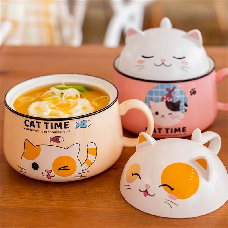 Afralia™ Ceramic Cat Mug with Spoon, Lid | Large Capacity Ramen Bowl Tiger Pig