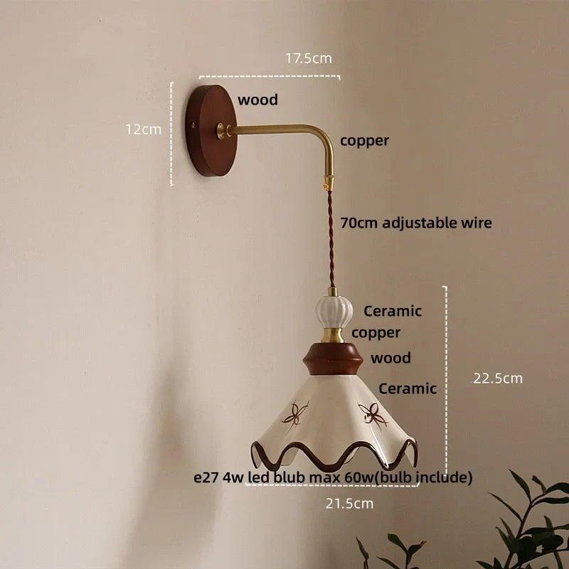 Afralia™ Nordic LED Wall Sconce Flower Ceramic Copper Wood Bedroom Reading Light