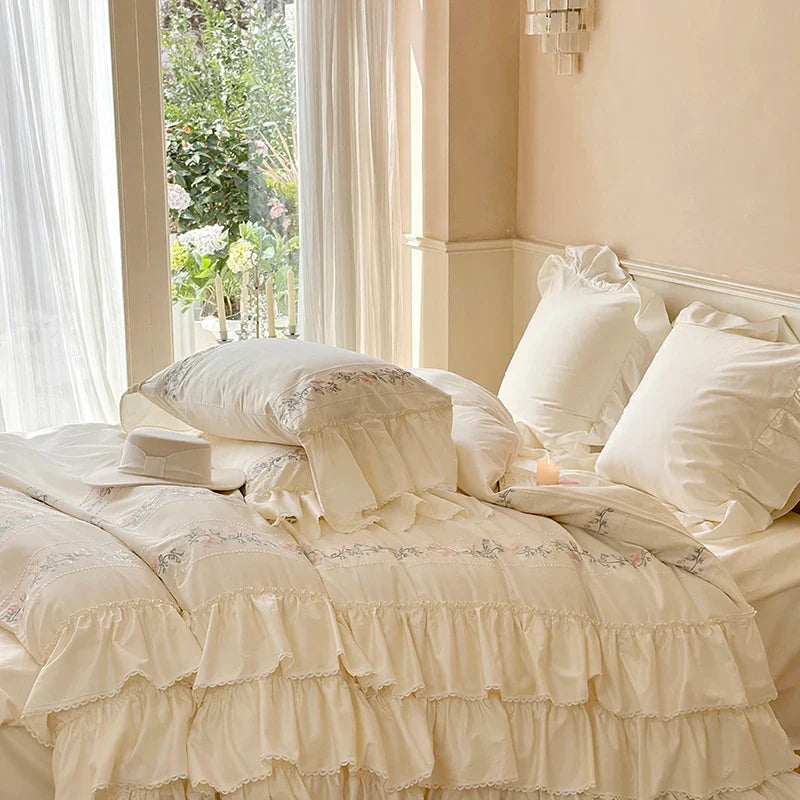 Afralia™ Luxe Three-Layer Ruffles Flowers Embroidery Cotton Girl Bedding Set 4Pcs