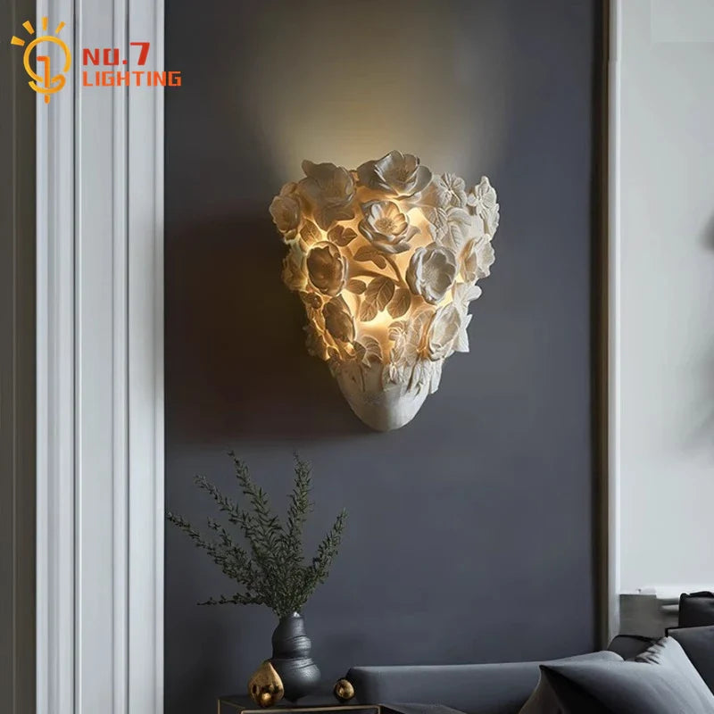 Afralia™ Romantic Carved Flower Wall Lamp LED Resin Wall Sconces for Living Room & Bedroom