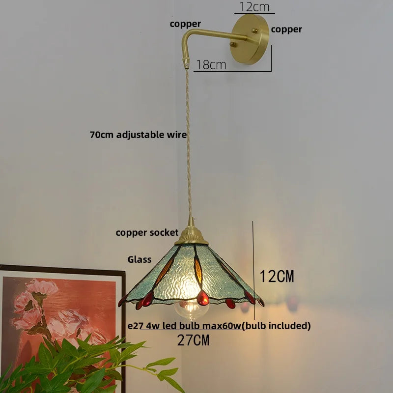 Afralia™ Glass Brass LED Wall Sconce Pull Chain Switch Vintage Vanity Light