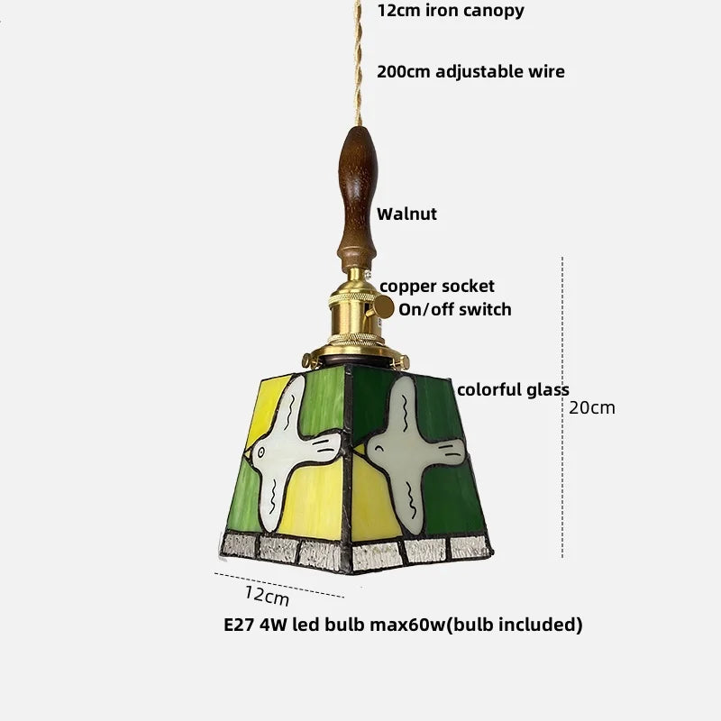 Afralia™ Peace Dove Tiffany Style Glass Pendant Lamp with LED, Copper Knob Switch