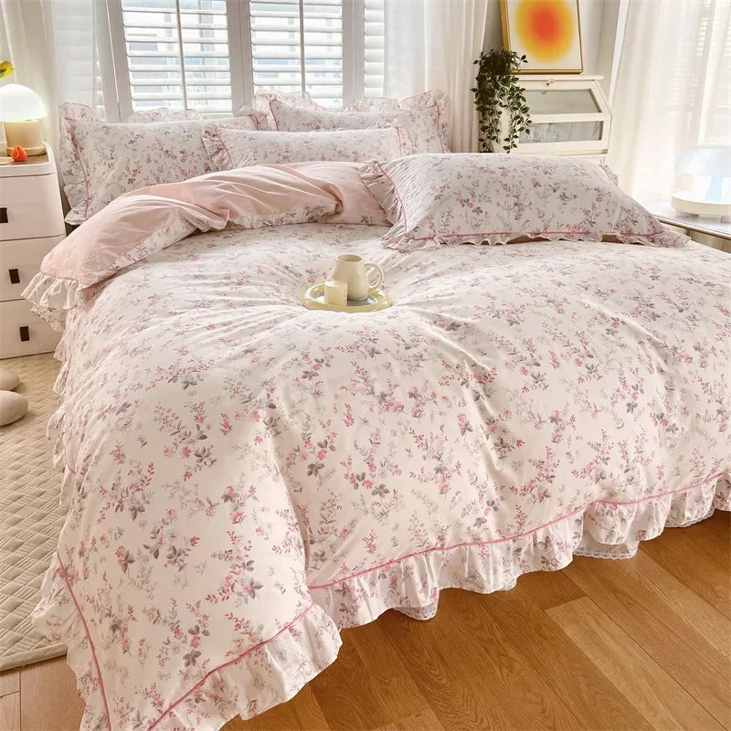 Afralia™ Princess Ruffles 100% Cotton Quilt Cover Set - Floral Soft Duvet Cover