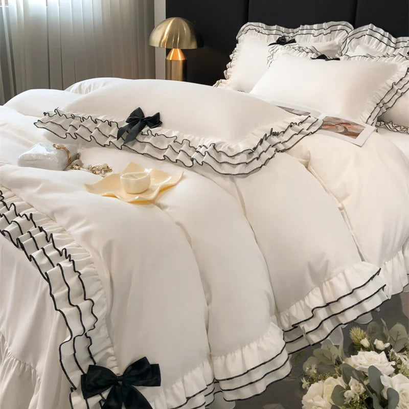 Afralia™ Korean Lace Ruffles Bedding Set with Black Bow Accent
