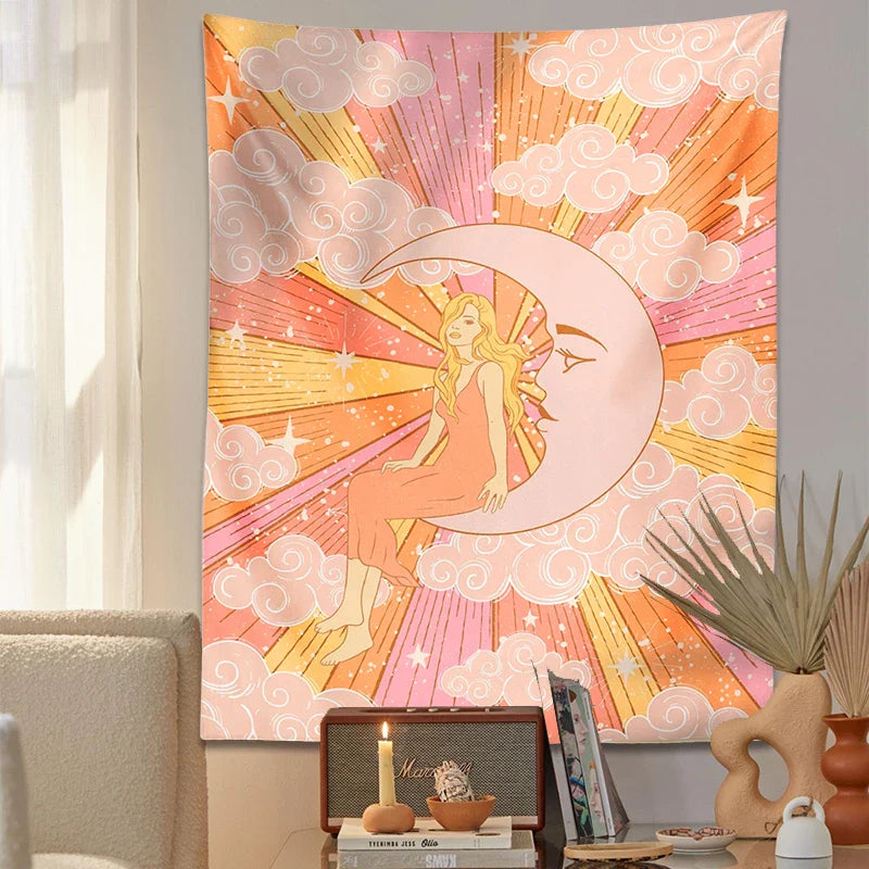 Celestial Moon Goddess Sun Tapestry for Retro Psychedelic Home Decor by Afralia™