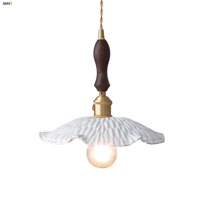 Afralia™ Walnut Wood LED Pendant Light with White Ceramic Knob Switch