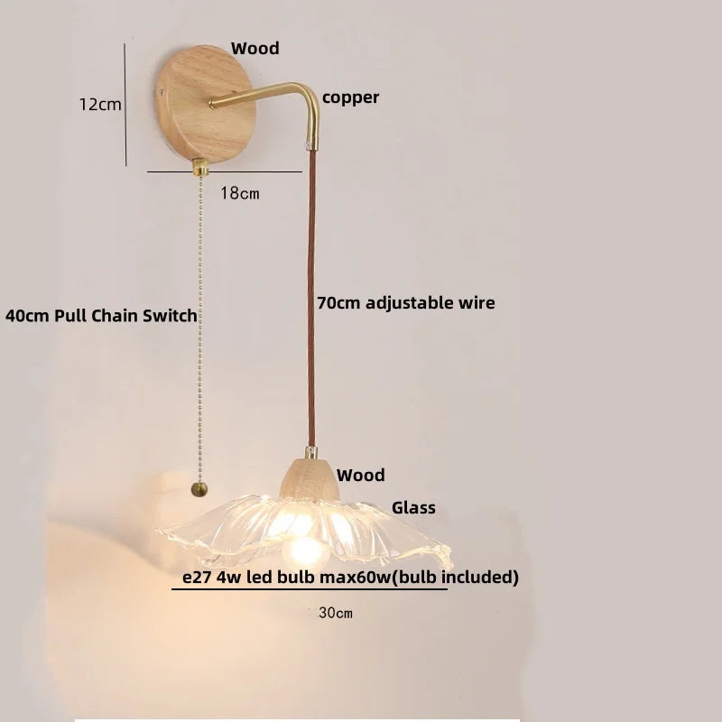 Afralia™ Clear Glass LED Wall Lights with Wood Pull Chain Switch - Modern Copper Stair Light