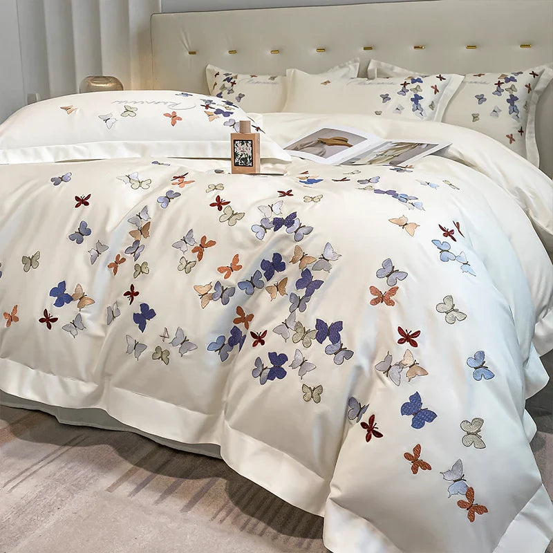 Afralia™ Butterfly Embroidery Cotton Luxury Bedding Set - 4Pcs