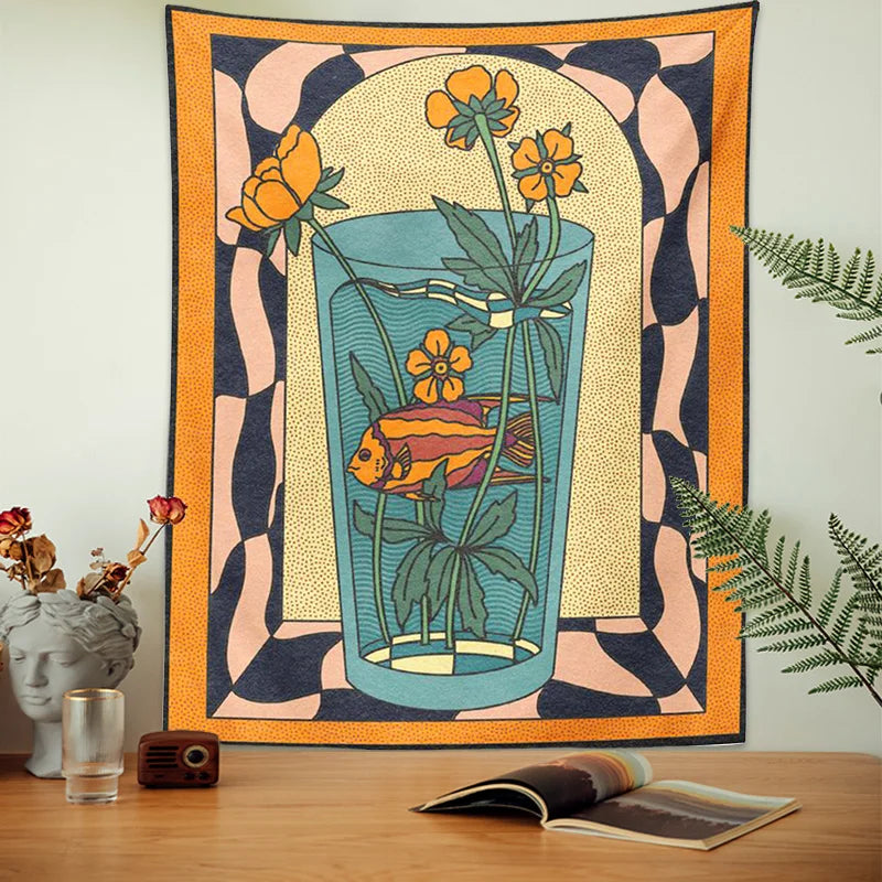 Afralia™ Psychedelic Vase Goldfish Flower Tapestry Wall Hanging Vintage Inspired Decor