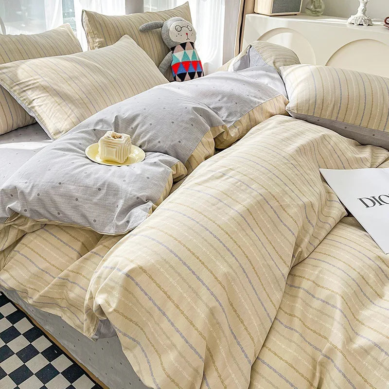 Afralia™ Pure Cotton Striped Bedding Set Duvet Cover Fitted Sheet Kit for Single/Double