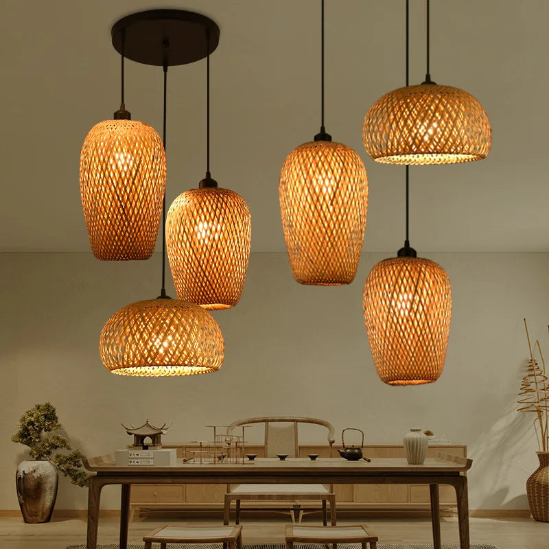 Afralia™ Woven Bamboo LED Pendant Chandelier for Kitchen & Restaurant Lighting