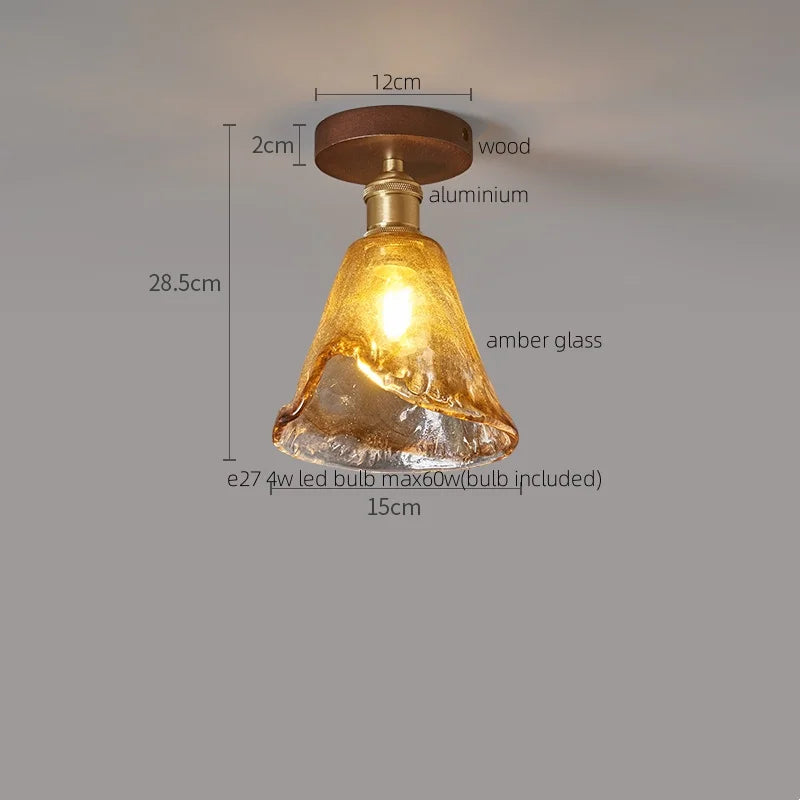 Afralia™ Amber Glass LED Ceiling Light: Modern Aluminum Wood Kitchen Balcony Room Lamp