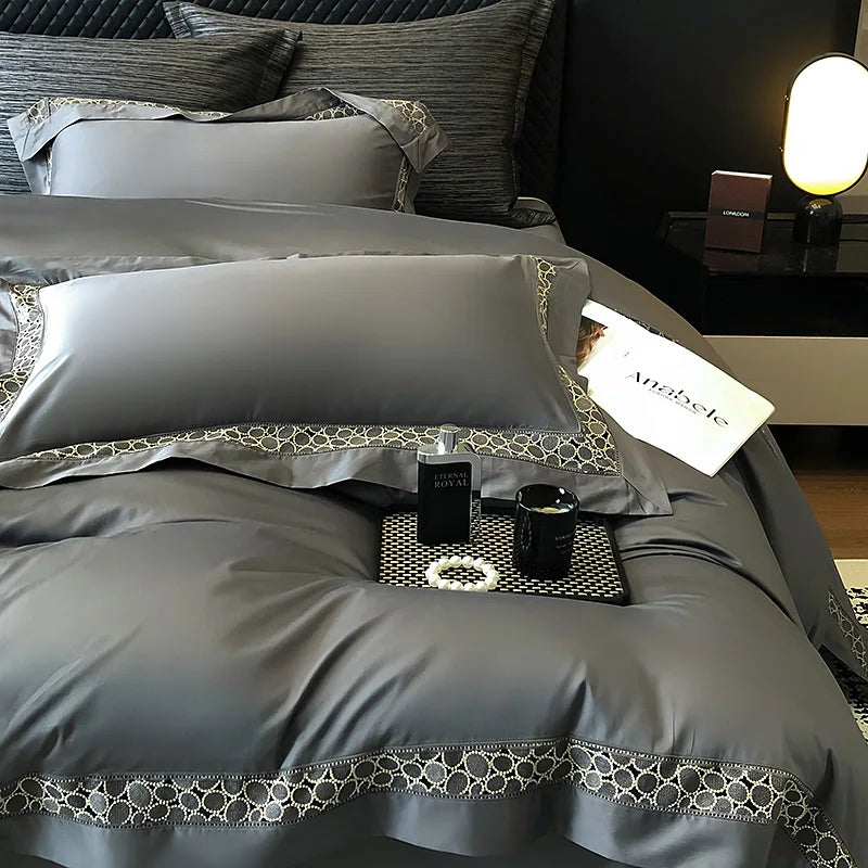 Afralia™ Brown Lace Embroidery Bedding Set, 4Pcs, 1200TC Egyptian Cotton