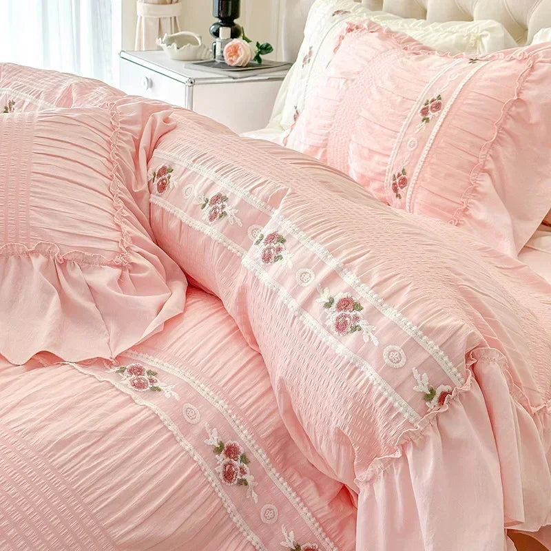 Afralia™ Romantic Lace Bubble Gauze Queen Bedding Set - Elegant Princess Style emb. Duvet Cover Set