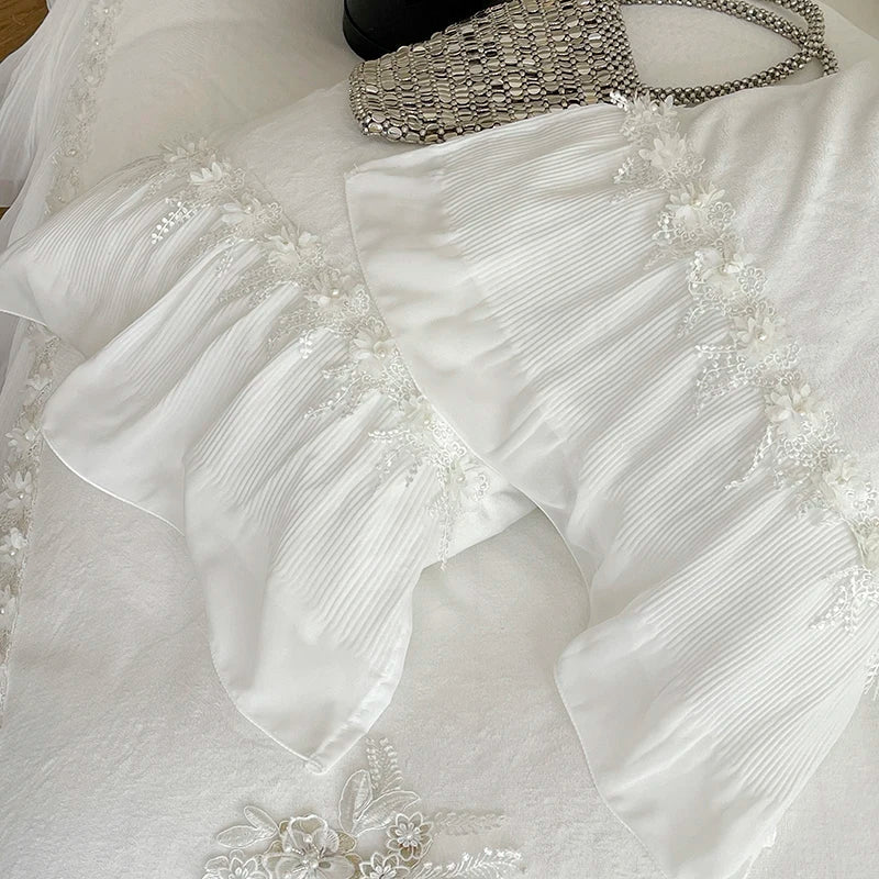 Afralia™ Romantic Lace Ruffles Bedding Set with Flowers Embroidery