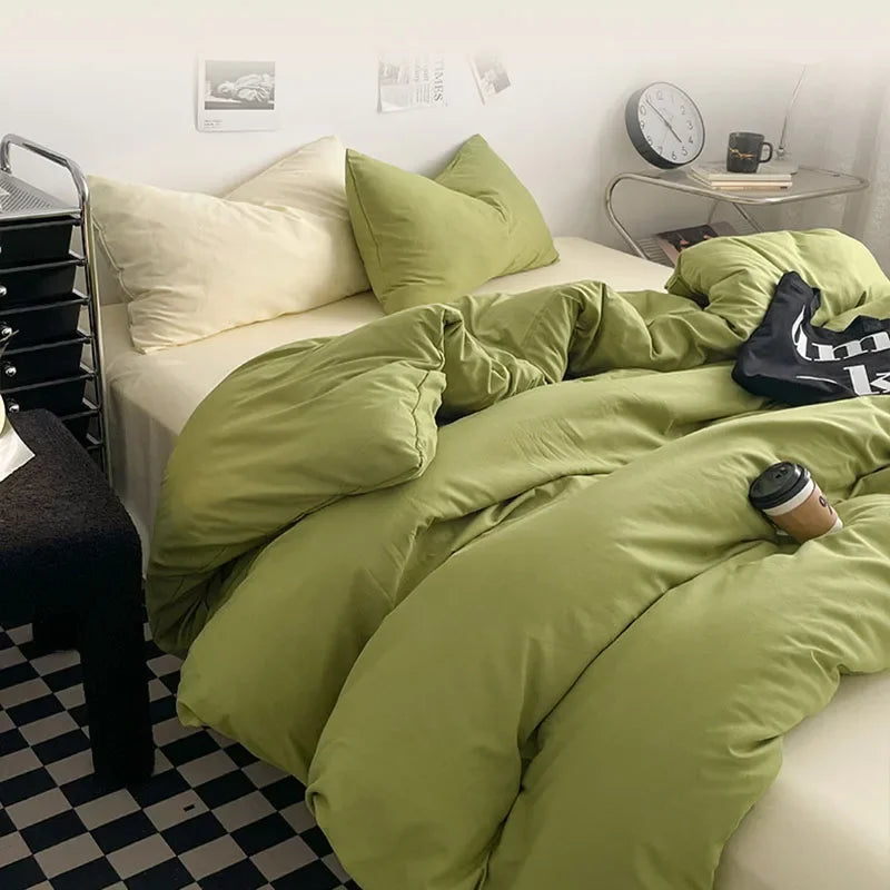 Afralia™ Washed Cotton Bed Set - Soft & Breathable 4-Piece Solid Color Duvet Cover Bed Sheet