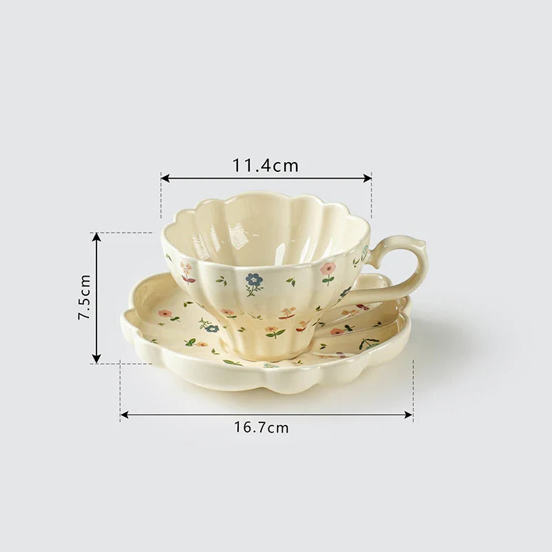 Afralia™ Floral Texture Porcelain Coffee Cup & Saucer Set for Home Dining Table