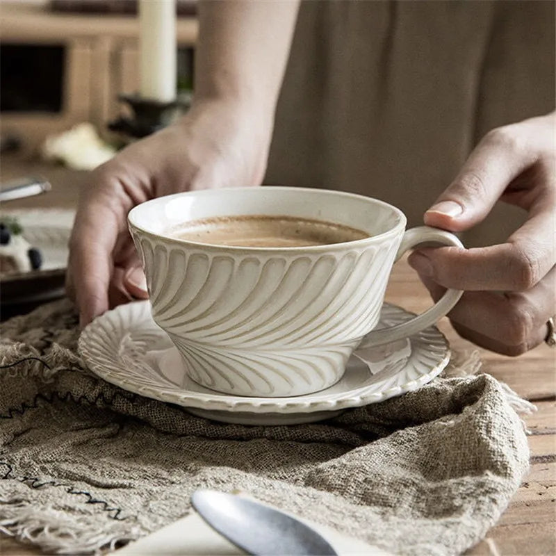 Afralia™ Retro Ceramic Coffee Cup & Saucer Set for Stylish Afternoon Tea & Caffe Latte