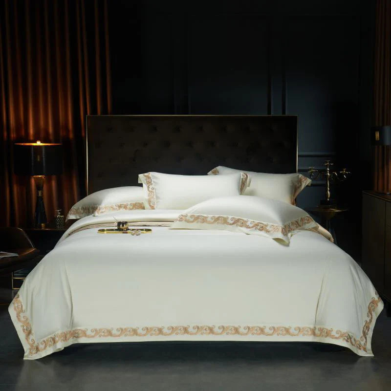 Afralia™ Luxe Gold Embroidery 1400TC Egyptian Cotton Queen King Bedding Set