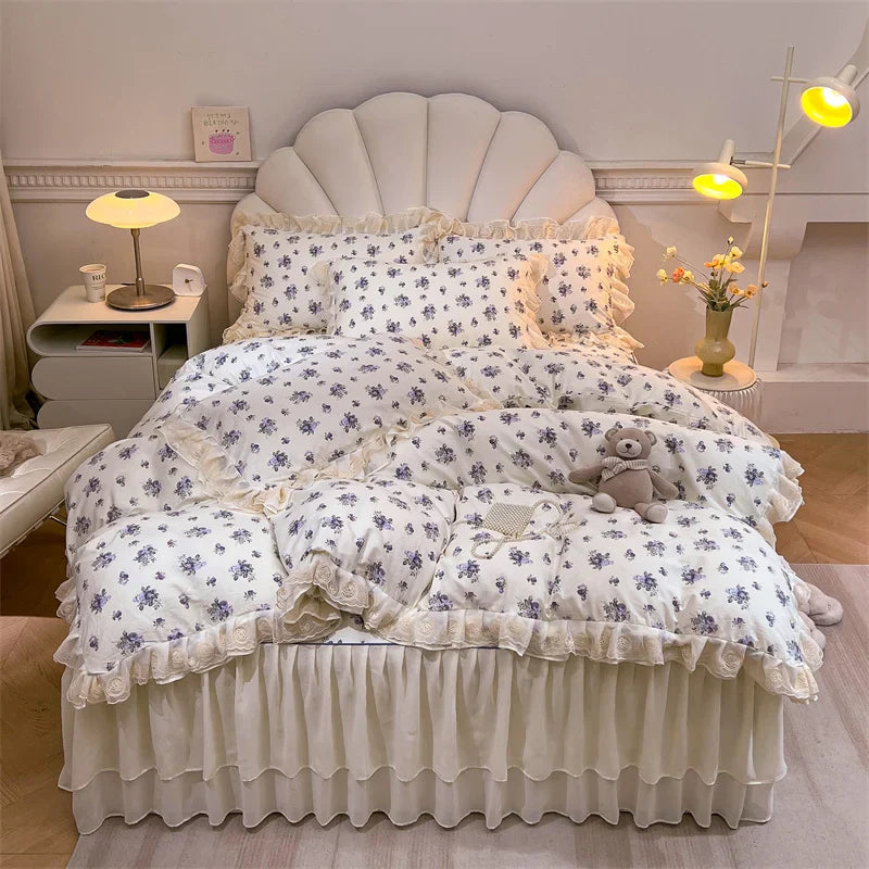 Afralia™ Princess Lace Ruffles Floral Bedding Set with Duvet Cover and Bed Skirt