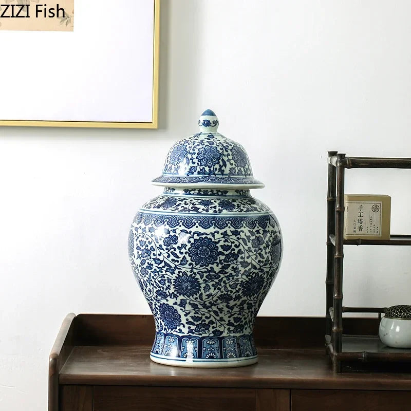 Afralia™ Blue White Porcelain General Jar: Ceramic Tea Caddy Candy Pot Storage Container