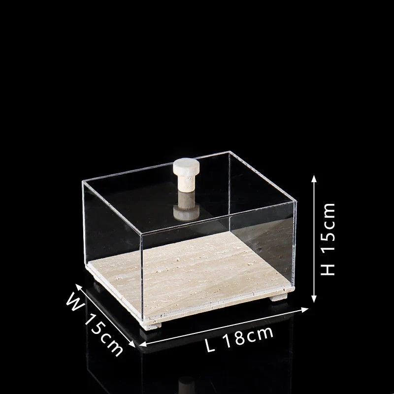 Acrylic Display Case on Travertine Base by Afralia™ for Collectibles, Figurines, Desserts