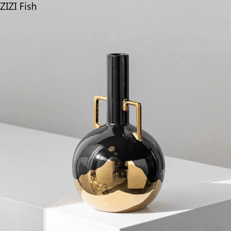 Afralia™ Black Golden Ceramic Vase Desk Decoration Minimalism Aesthetic Floral Room Decor