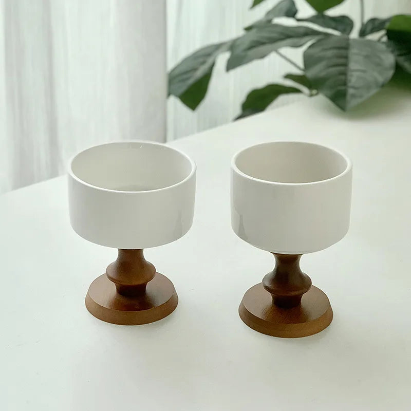 Afralia™ Ceramic Goblet Dessert Bowl With Wooden Stem - 220ml Vintage French Ins Style