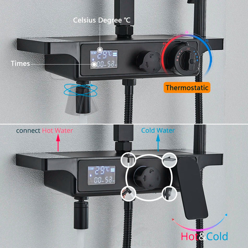 Afralia™ Thermostatic Shower Faucet with LED Display and Rainfall Head - Bathroom Mixer Set