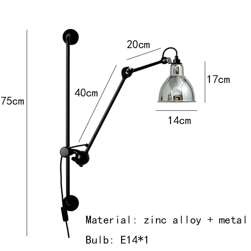 Afralia™ Gras BL Wall Lamp: Adjustable Chrome Long Arm Reading Light