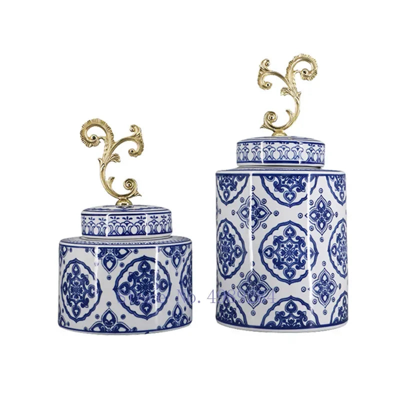 Afralia™ Blue & White Porcelain Covered Vase Jar: Retro Chinese Home Decor Flower Arrangement & Organization