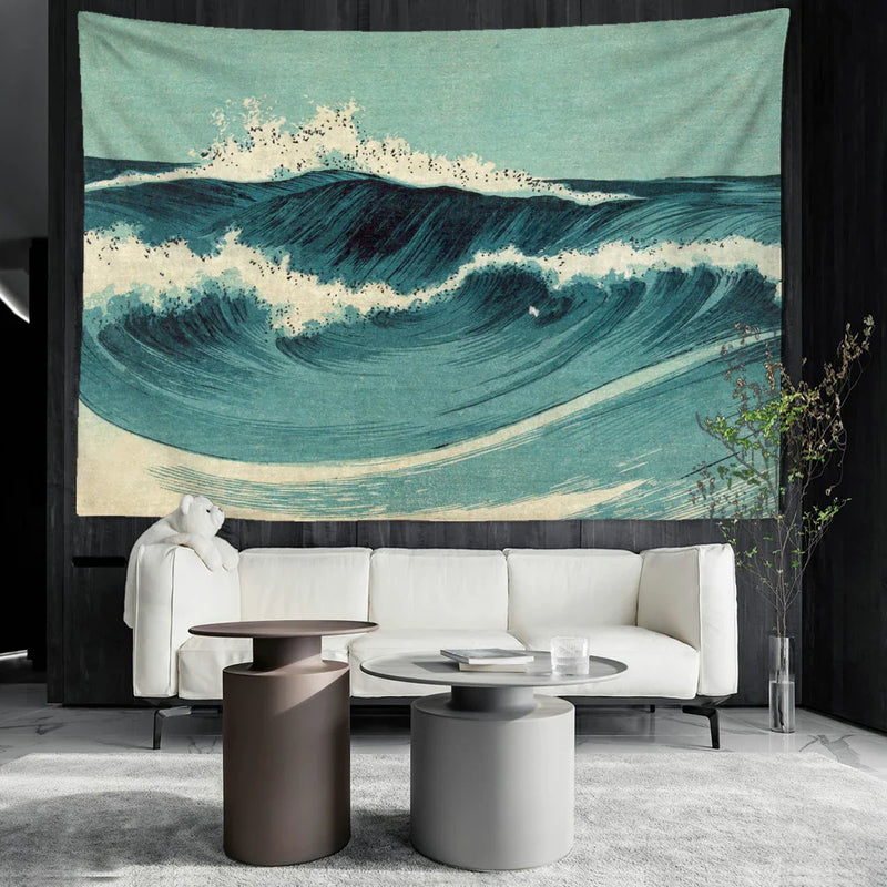 Afralia™ Blue Wave Oil Painting Tapestry Wall Hanging for Bohemian Style Room Decor