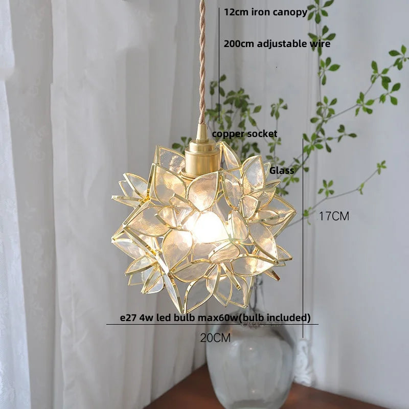 Afralia™ Flower Glass Pendant Lamp E27 Copper Hanging Light - Adjustable 200cm Wire