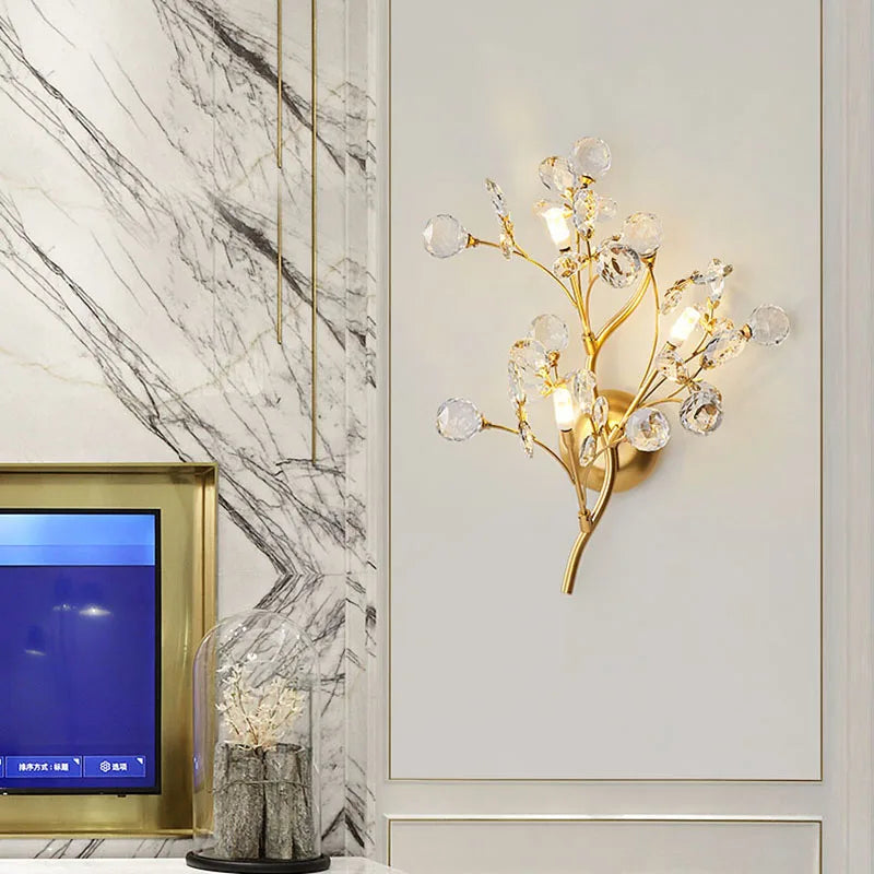 Afralia™ Romantic Crystal and Gold Branch Wall Lights for Living Room Bedroom Decor