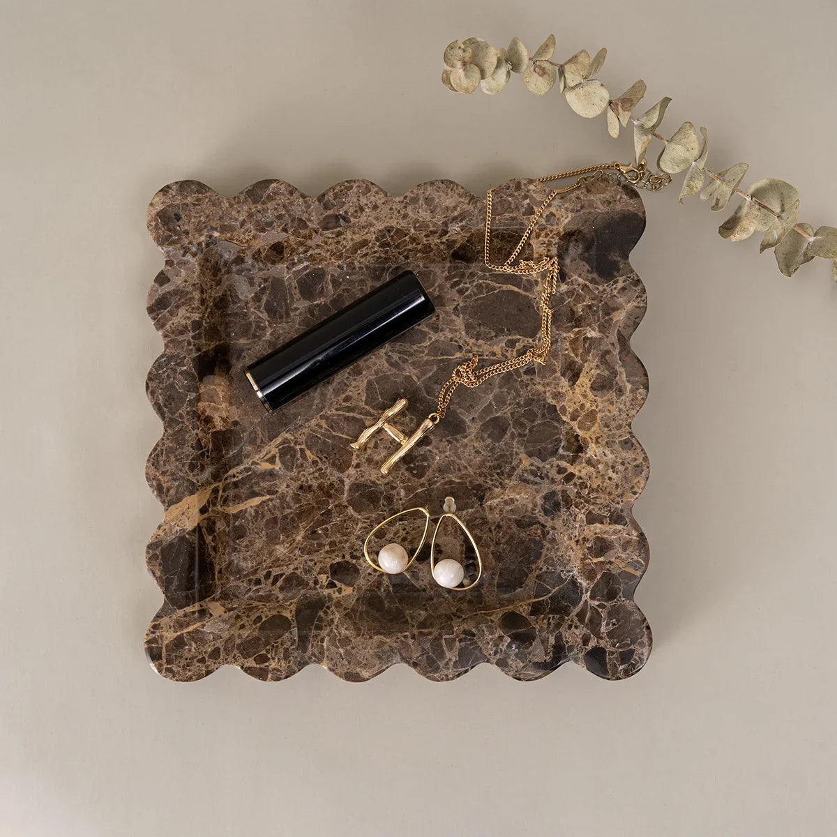 Afralia™ Marble Travertine Serving Tray Scalloped Edge Square Display Tray