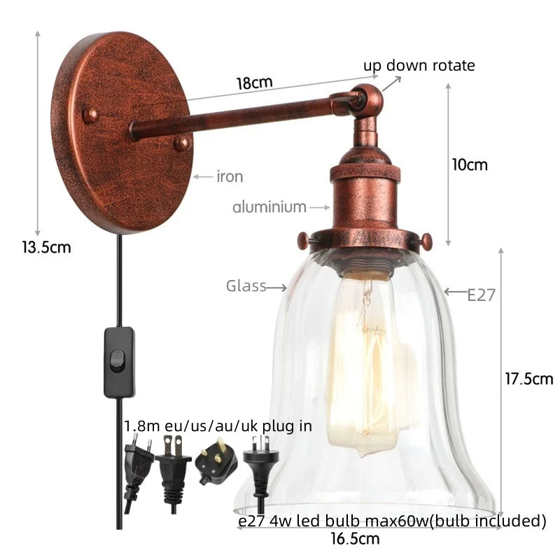 Afralia™ Loft Clear Glass Rustic LED Wall Light - Industrial Style Iron Wall Lamp