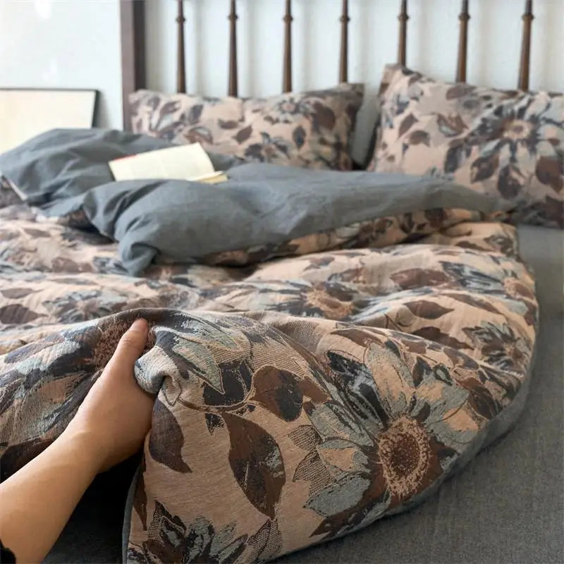 Afralia™ 100% Cotton Double-Layer Floral Jacquard Duvet Cover Set