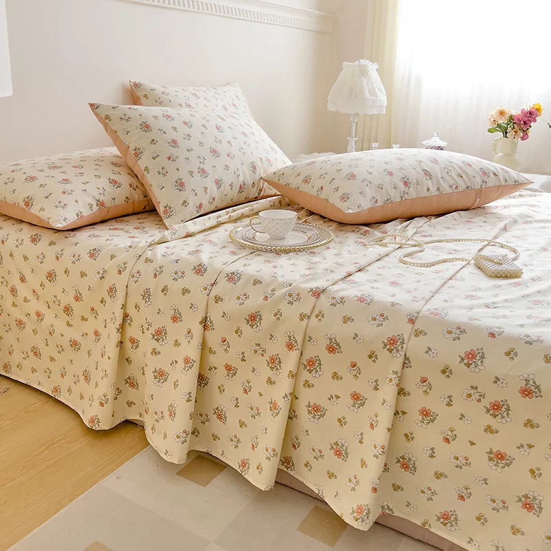 Afralia™ Vintage Plant Floral Cotton Flat Sheet Set with Pillowcases