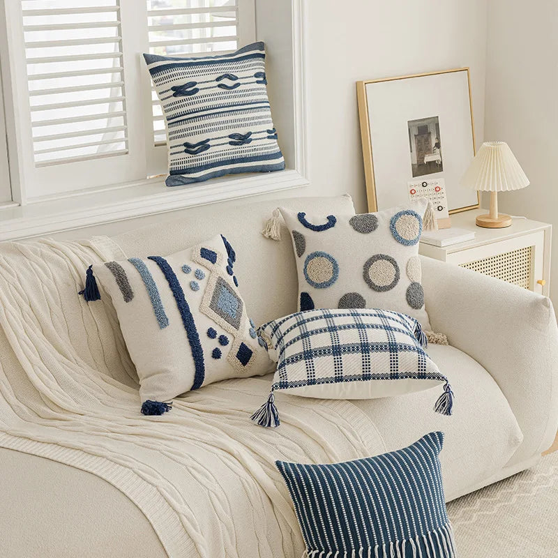 Nordic Blue Tufted Cushion Cover with Geometric Stripe Grid & Crochet Tassels by Afralia™