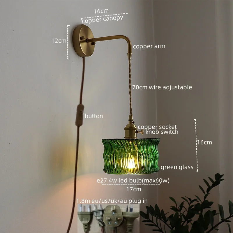 Afralia™ Copper Glass LED Wall Lamps Retro Style for Bedroom Bar Bathroom Mirror