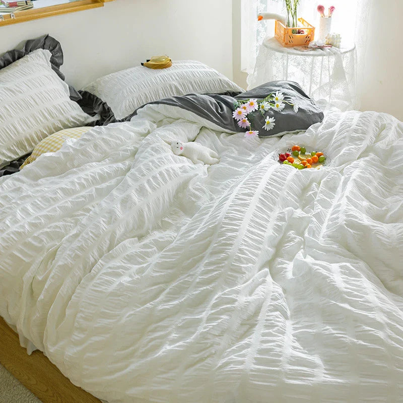 Afralia™ Princess Seersucker Kawaii Bedding Set | Lovely Ruffles Duvet Cover | Soft Comfortable Bed Sets