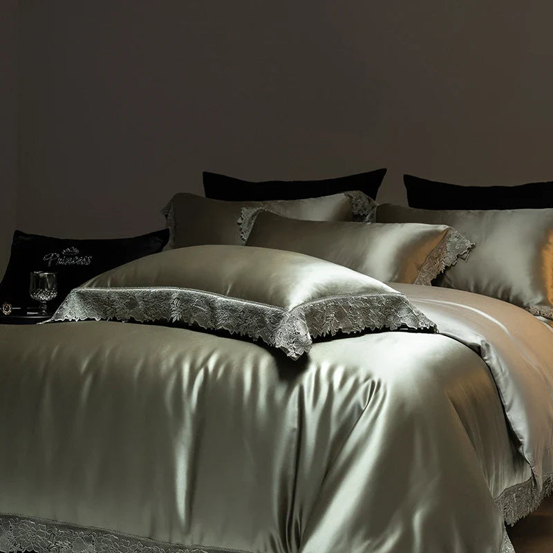 Afralia™ Luxe French Lace Edge Bedding Set: Silky Lyocell Cotton Duvet Cover, Sheet & Pillowcases