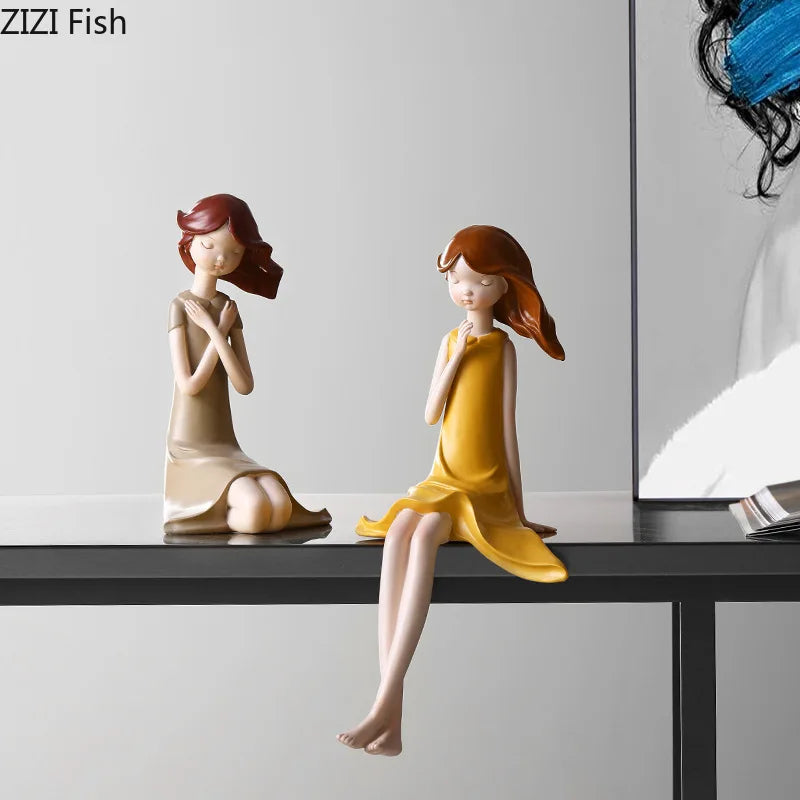 Afralia™ Cartoon Girl Resin Sculpture Desk Decoration Room Ornament Artifacts