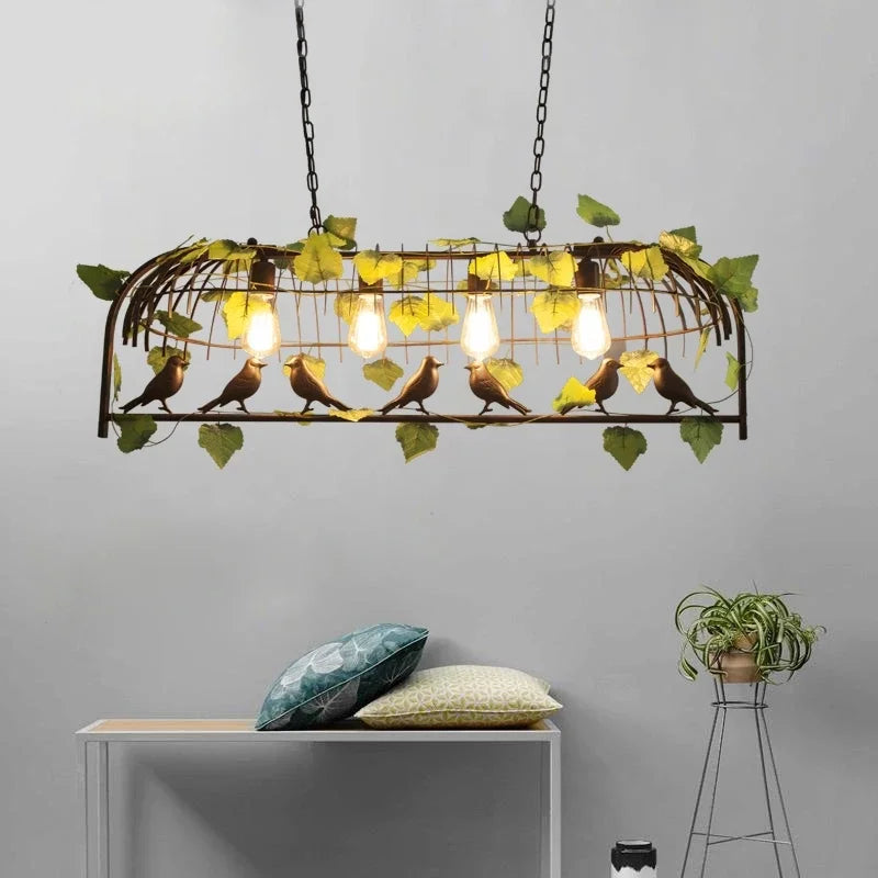 Afralia™ Iron Bird Cage Chandelier with Green Leaf Decoration and LED Lamps