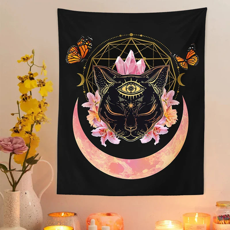 Afralia™ Cat Witch Moon Star Tapestry Wall Hanging - Trippy Psychedelic Wall Decor