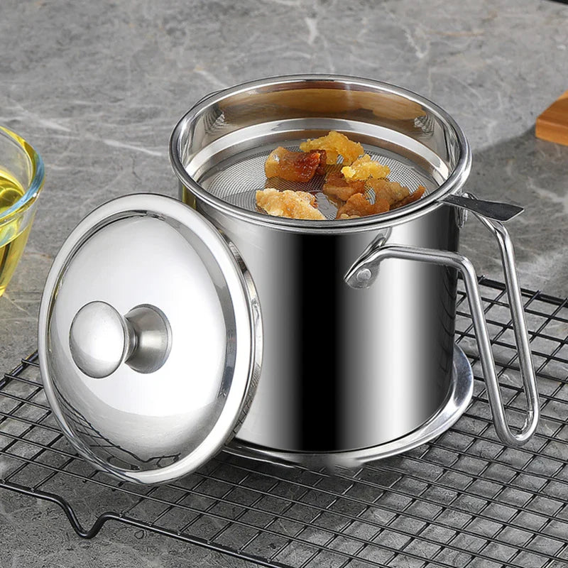 Afralia™ Stainless Steel Oil Filter Pot Strainer Container for Cooking Oil and Lard Storage