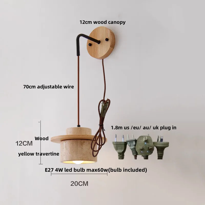 Afralia™ Yellow Travertine LED Wall Lamp with Pull Chain Switch, Nordic Modern Design