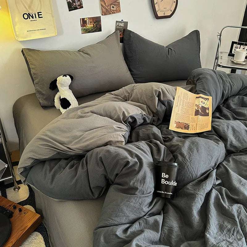 Afralia™ Two-Tone Washed Cotton Bedding Set Soft Duvet Cover for Student Dorm Home