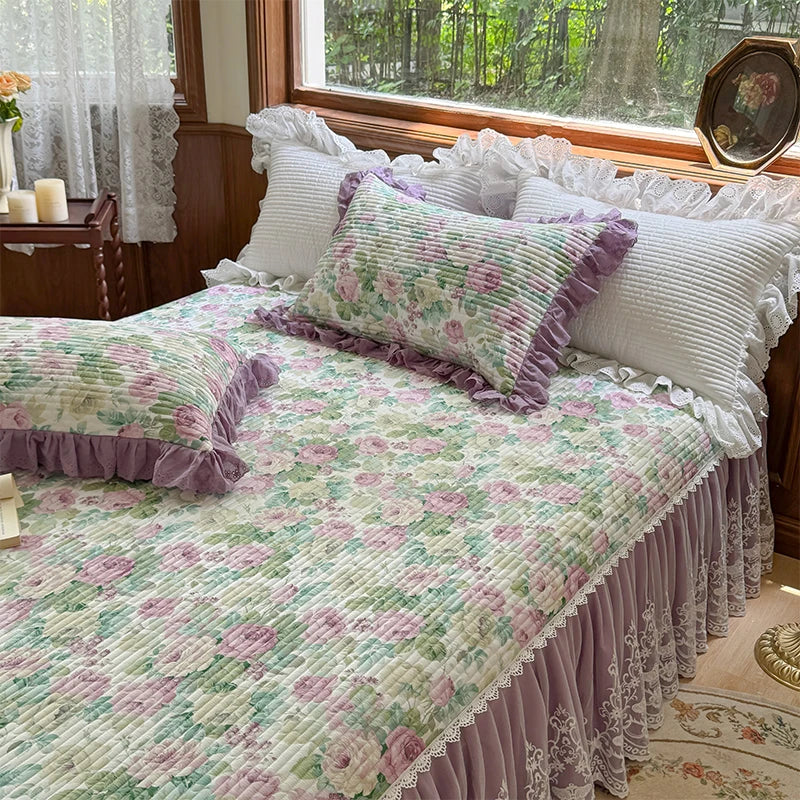 Afralia™ Lace Ruffles Bed Skirt Set with Pillowcases for 1.2-2M Beds